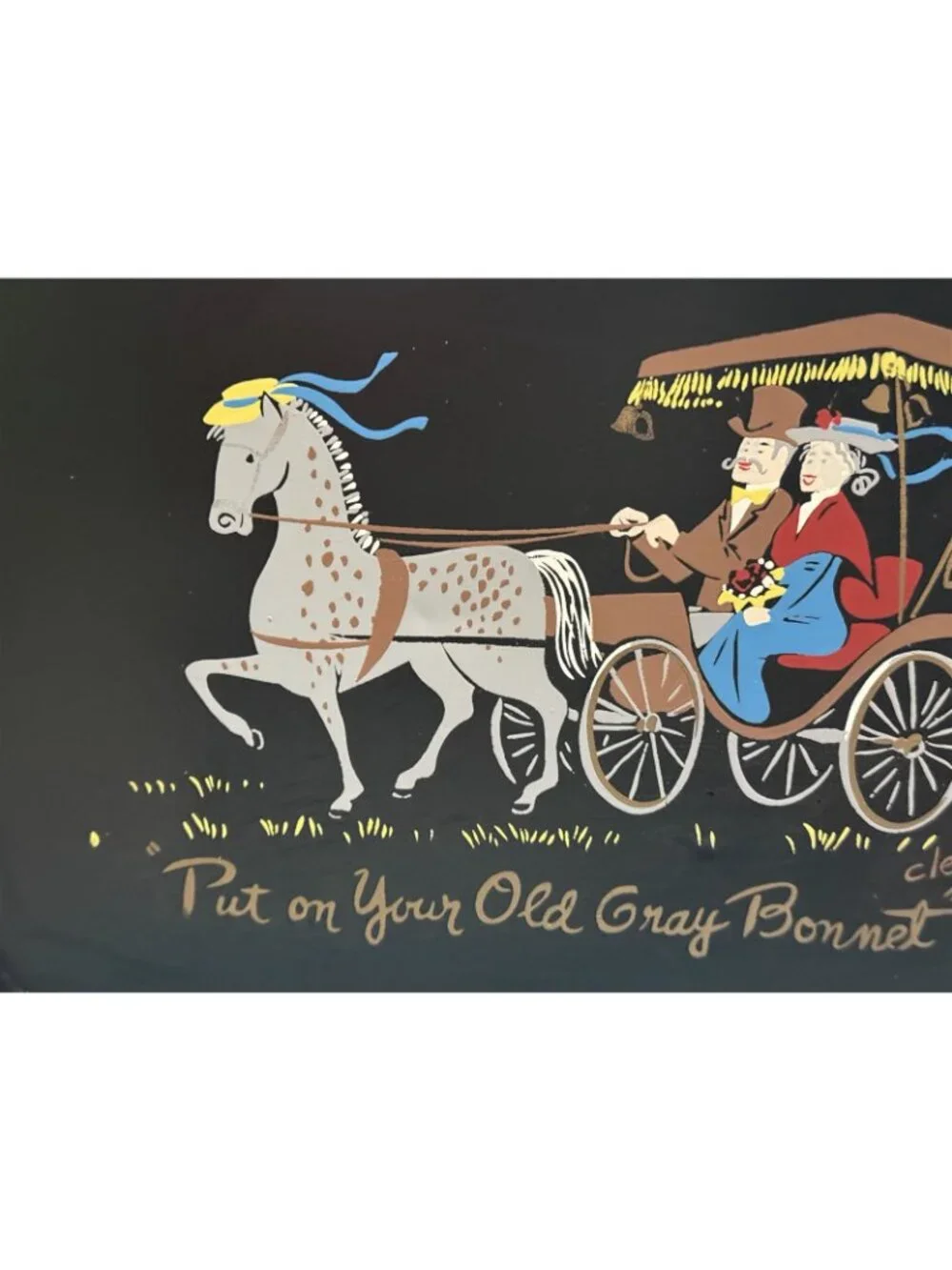 Vintage Hand Painted Artist Signed Tole Tray With Gray Horse Drawn Carriage